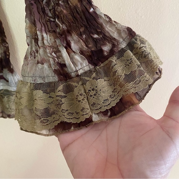 Y2K Lloyd Williams Blouse Woman Small Crinkle Sheer Lace Bell Sleeve Forestfairy - Picture 7 of 16